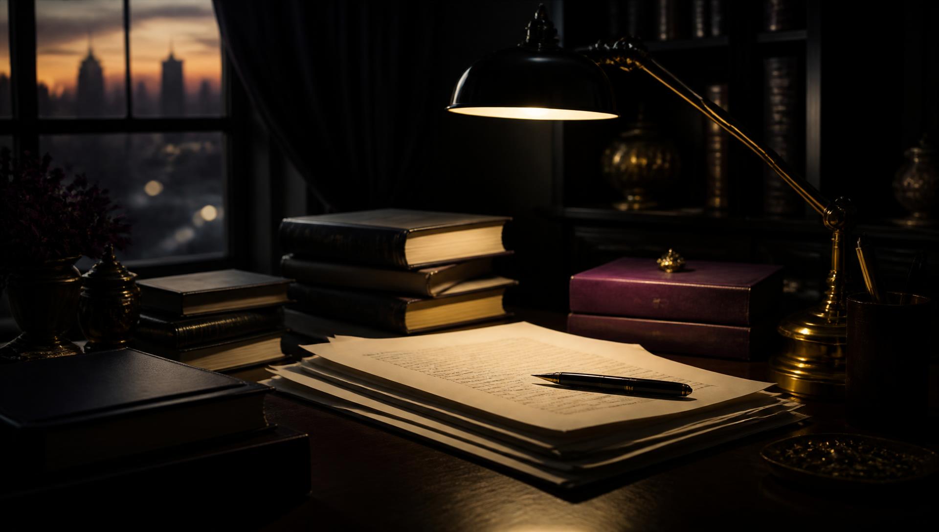 An editor's desk at dusk with stacked hardcover books, manuscript pages and a brass lamp